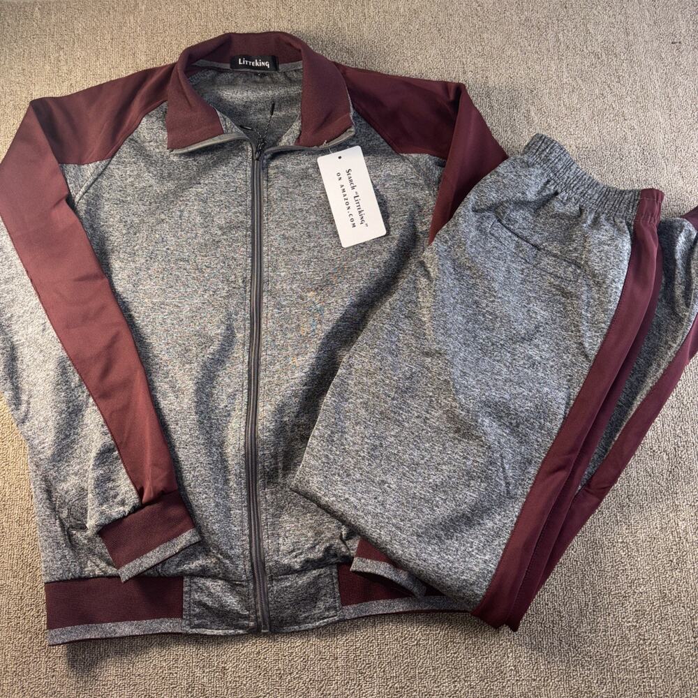 Little King Men’s Track Suit NWT Grey Maroon Full Zip Large